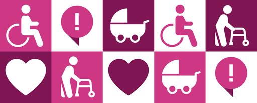 Grafik mit unterschiedlichen Icons zum Thema eingeschränkte Mobilität, Grundfarbe pink