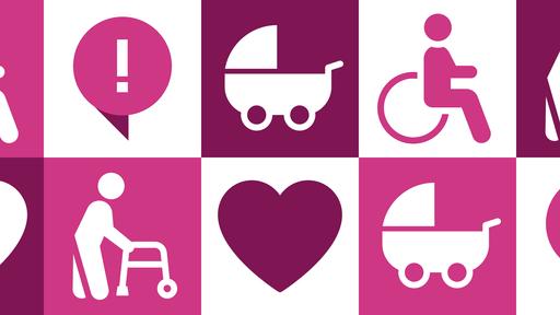 Grafik mit verschiedenen Icons zum Thema eingeschränkte Mobilität, Grundfarbe pink