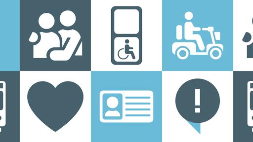 Grafik mit verschiedenen Icons zum Thema eingeschränkte Mobilität, Grundfarbe blau