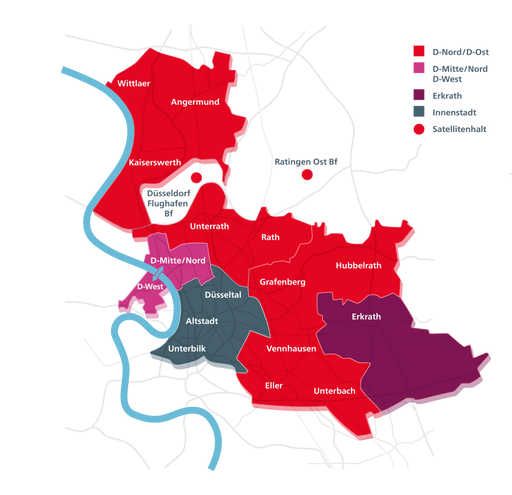 flexy Gebiet Die Karte zeigt das flexy-Bediengebiet. Zu Düsseldorf Nord und Ost gehören: Wittlaer, Angermund, Kaiserswerth, Unterrath, Rath, Grafenberg, Hubbelrath, Vennhausen, Eller, Unterbach. Zur Innenstadt zählen Derendorf, Düsseltal, Altstadt, Unterbilk. Erkrath zählt ebenso zum flexy-Gebiet sowie die Satellitenhalte Düsseldorf Flughafen Bahnhof und Ratingen Ost Bahnhof.