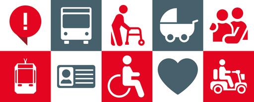 Grafik mit Icons für barrierefreie Mobilität, Grundfarbe rot